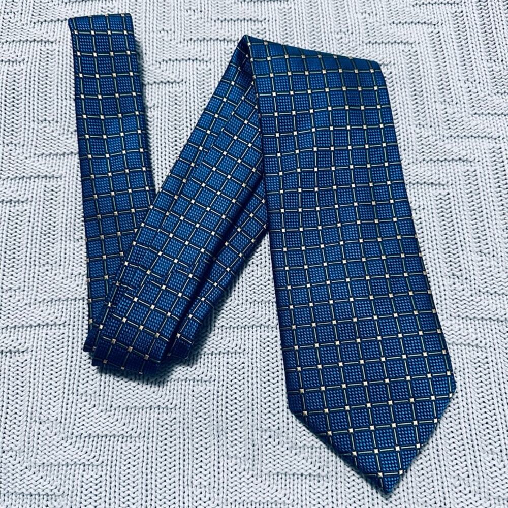 Henry Jacobson blue geometric plaid silk tie